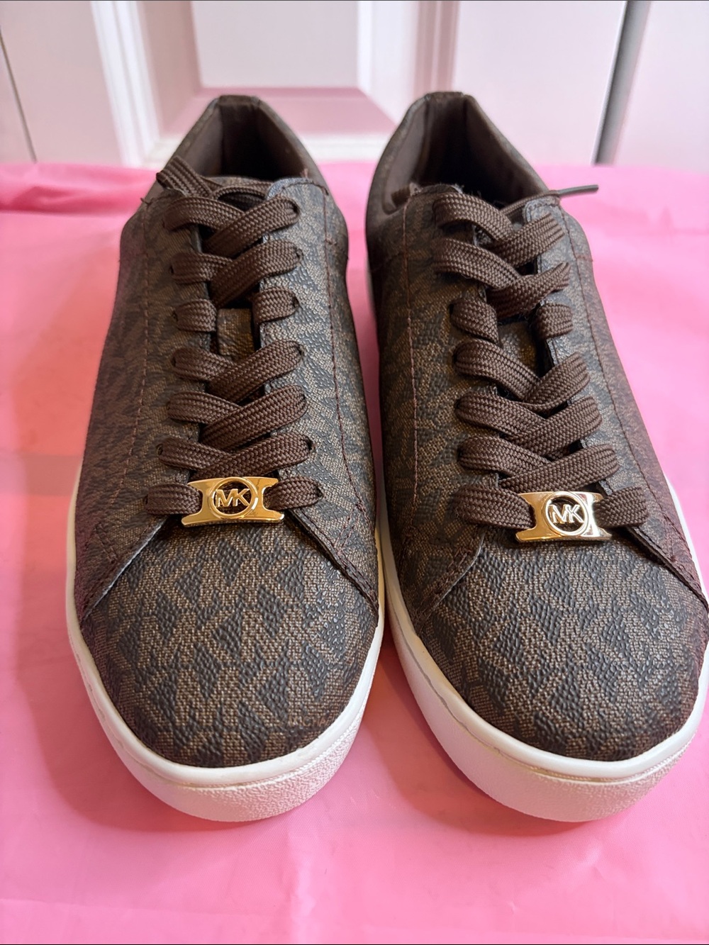 Michael Kors Brown Monogram Low-Top Sneakers with Gold Hardware